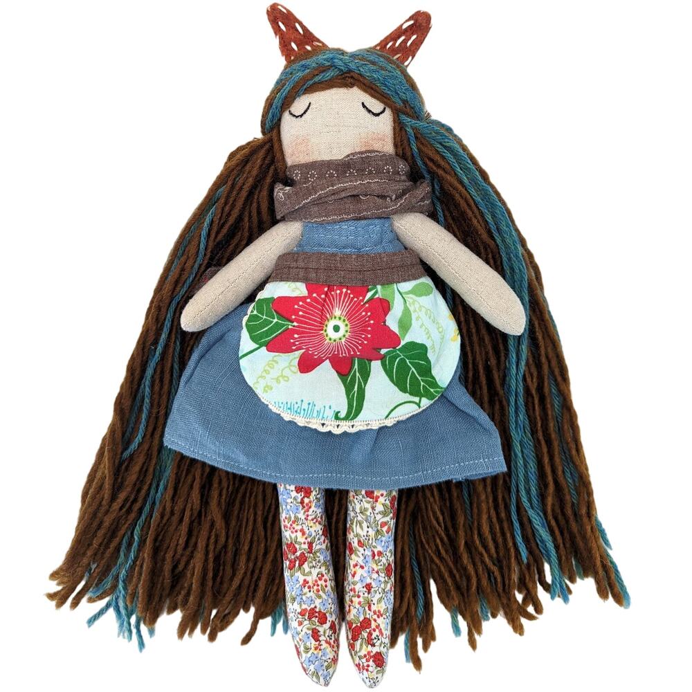 Handmade Cloth Lark Dolls Woodland Fox Plush Brown Yarn Hair Artist Cottage 13"